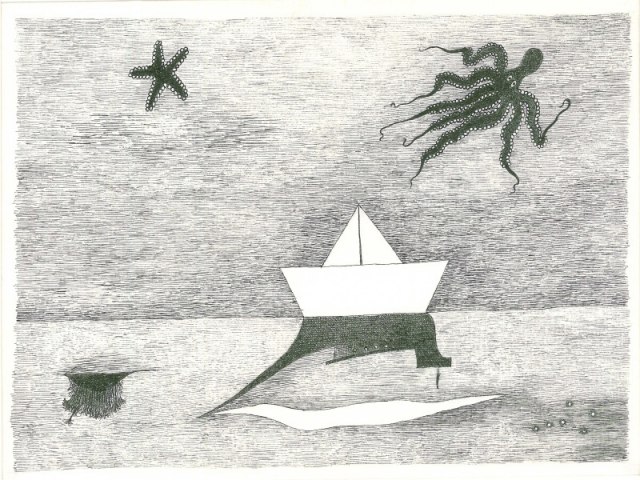 Karel Toman, Mořský motiv, knižní ilustrace, 1988, lept, Sbírka Památníku písemnictví na Moravě